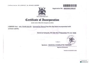 Hail Tours Uganda Certificate of Incorporation